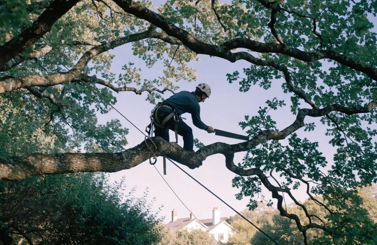 Tree climber making a careful pruning cut in an oak canopy from a rope and harness